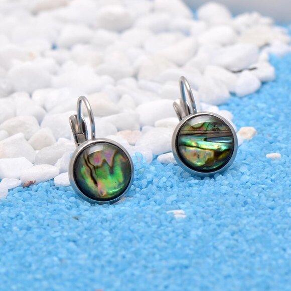 Handmade 10mm Abalone Shell Dangle Earrings for Women, Silver Steel, Gift-Ready - Picture 2 of 7